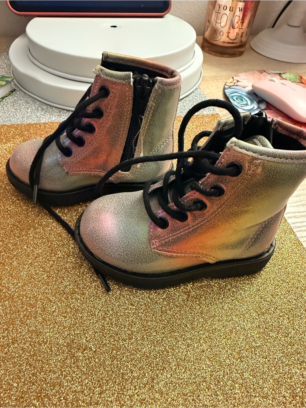 The Children's Place Iridescent Rainbow Glitter Lace-Up Boots with Black Laces